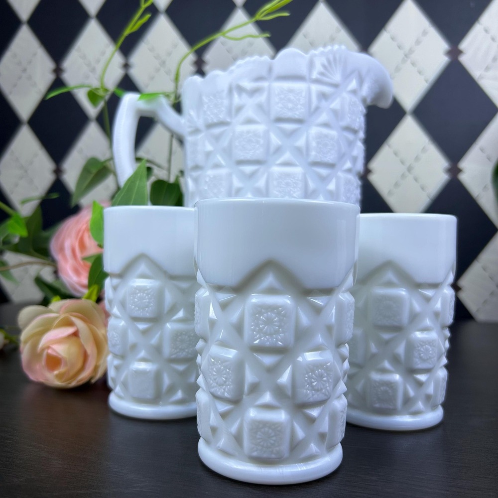 Westmoreland Old Quilt Milk Glass Pitcher and 3 Tumblers Set Vintage Elegance